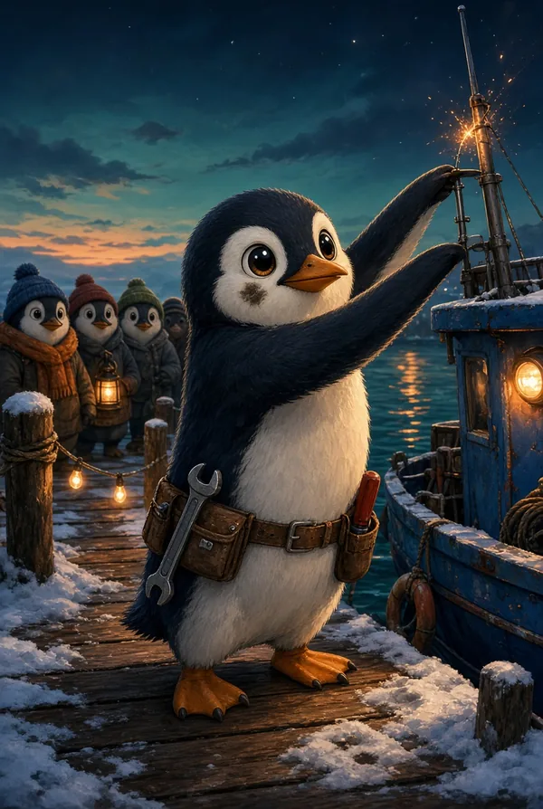 Pip on the dock at dusk, fixing the radio antenna of a blue fishing boat while the fishermen watch