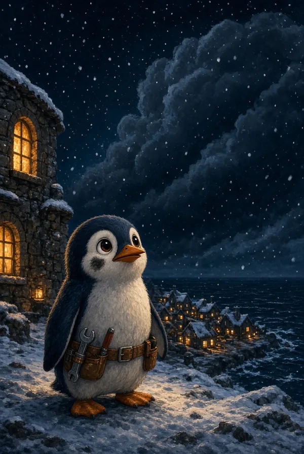Pip in the falling snow outside the clinic, looking up at a storm cloud swallowing the horizon over Pebble Bay