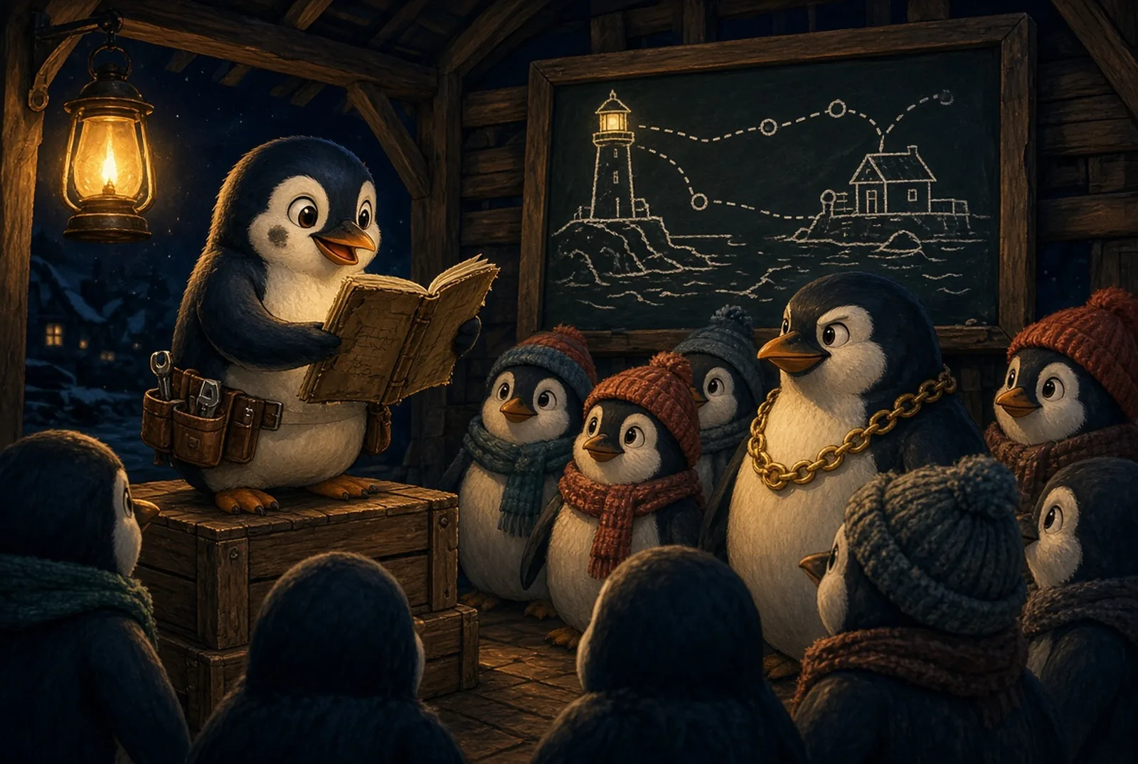 Pip on a crate in the village hall, holding up his open notebook to the villagers and the mayor, a chalkboard sketch of the lighthouse and the station across the inlet behind him