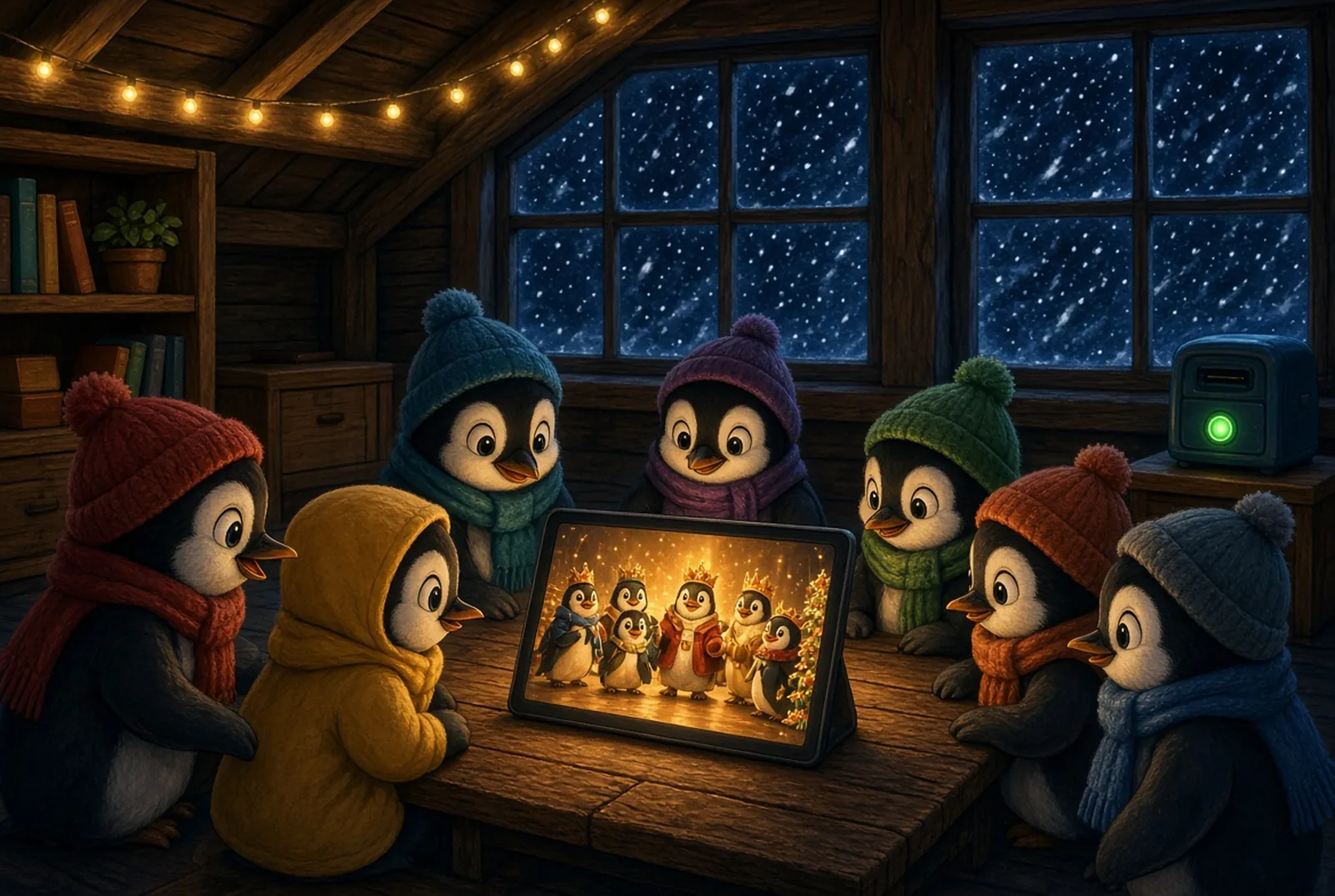Penguin children gathered around a glowing screen of last year's pageant, snow lashing the windows, a small machine with a green light in the corner